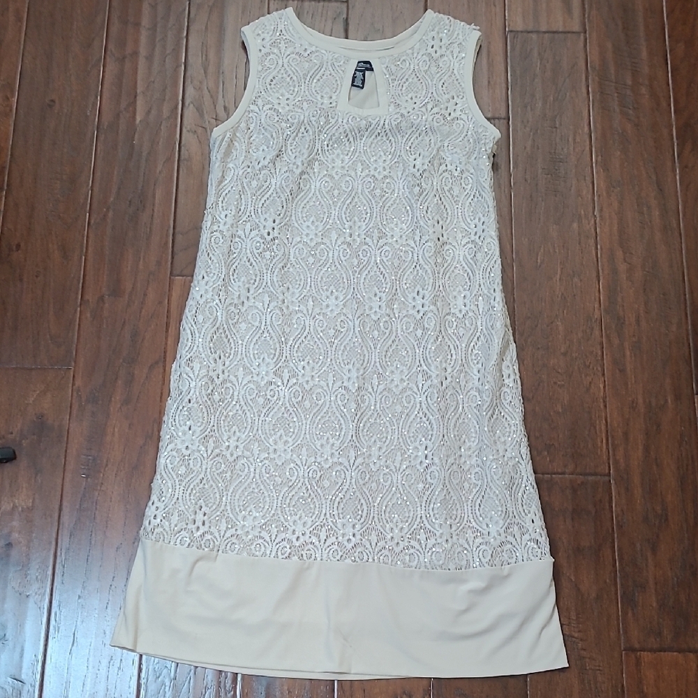 R&M Richards Sleeveless Creamy Tan Dress with Lace & Sequin Overlay size 14W